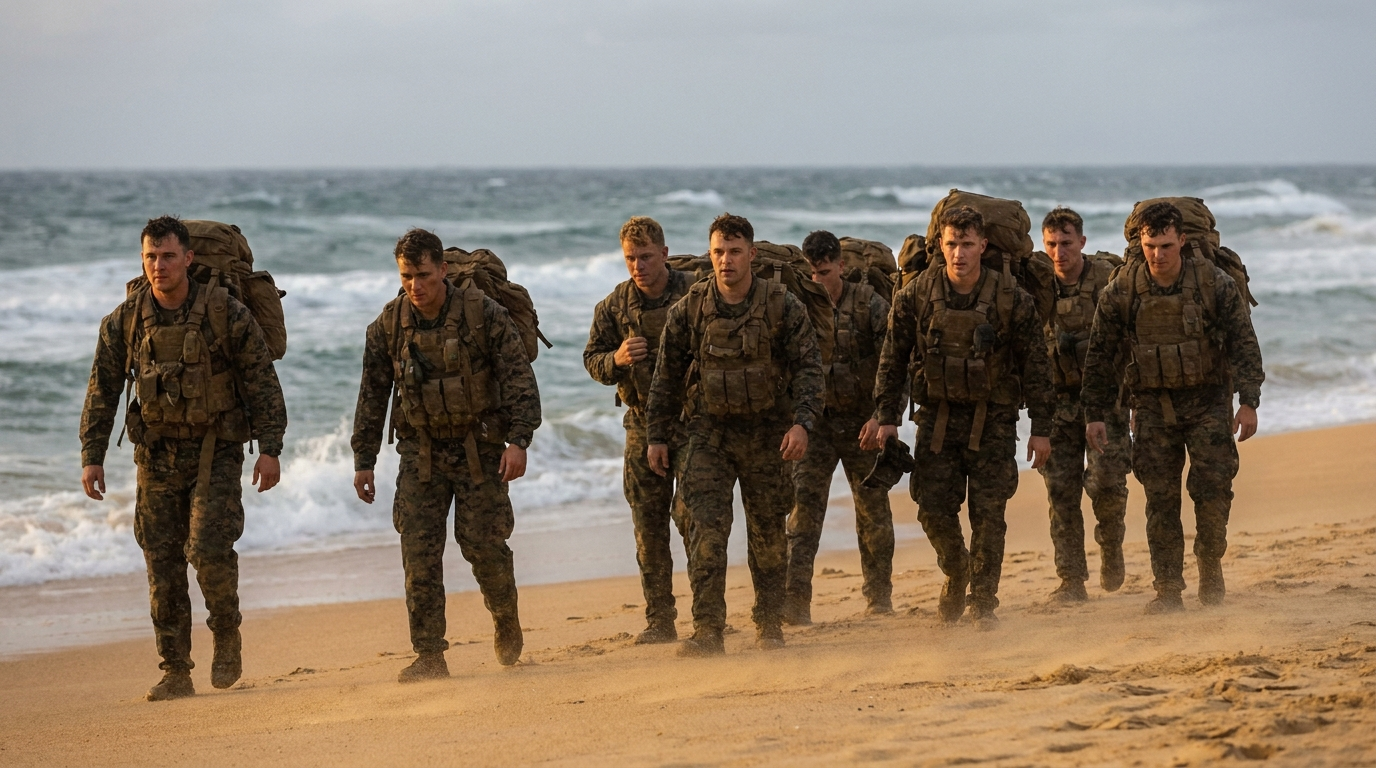 Marines rucking up a beach with loaded packs
