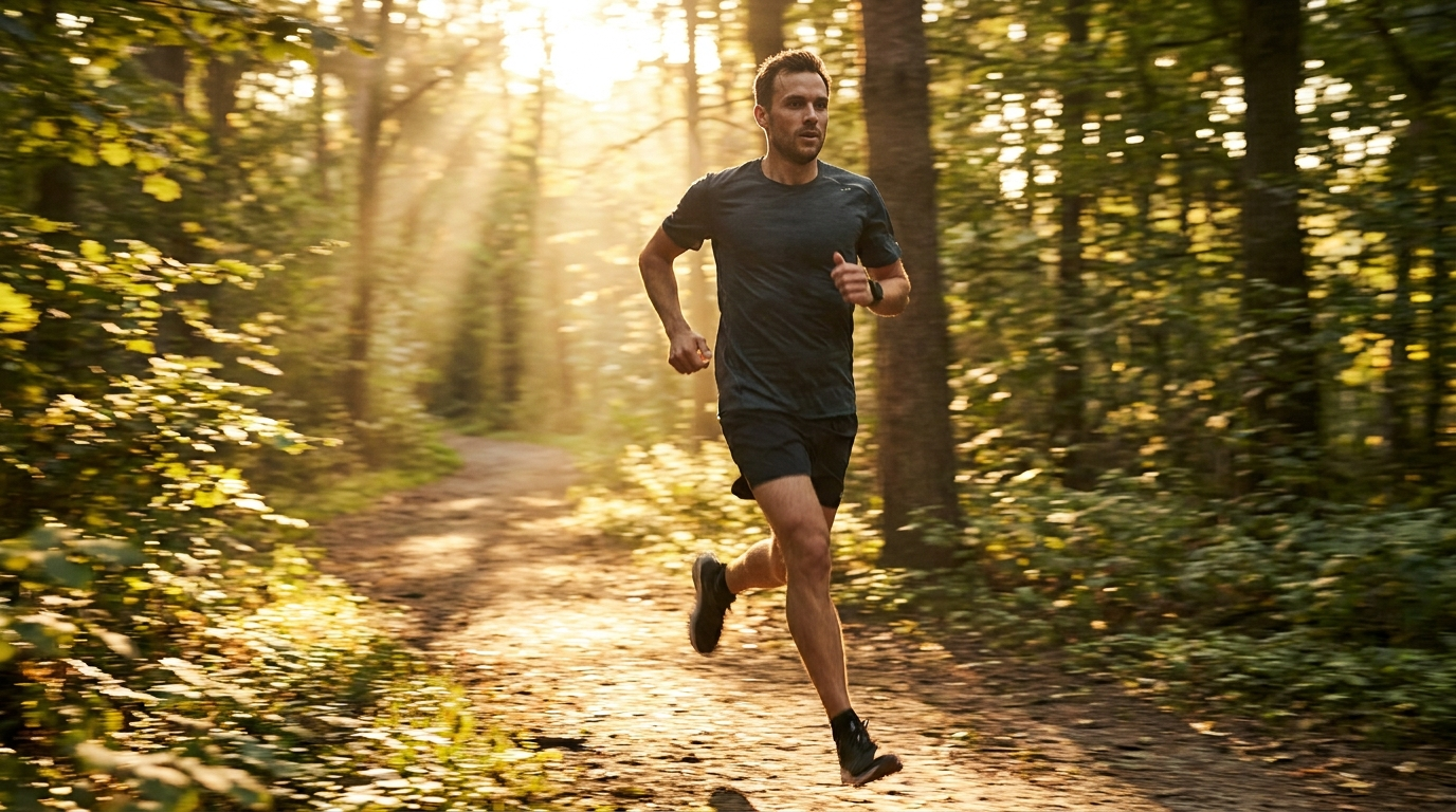 Runner on a forest trail at sunrise