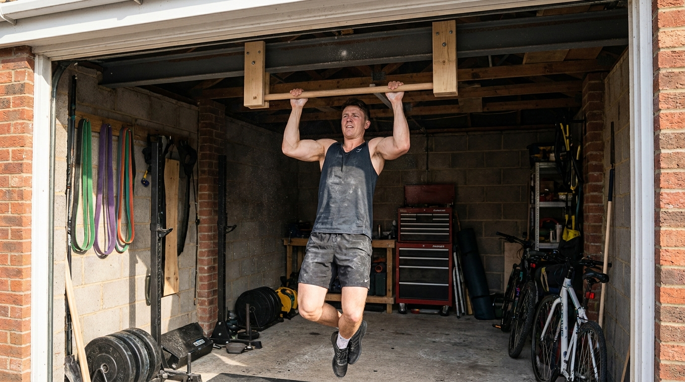 Person doing pull-ups in a home garage gym