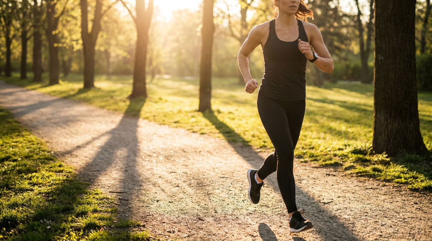 Woman power walking on a park path at sunrise