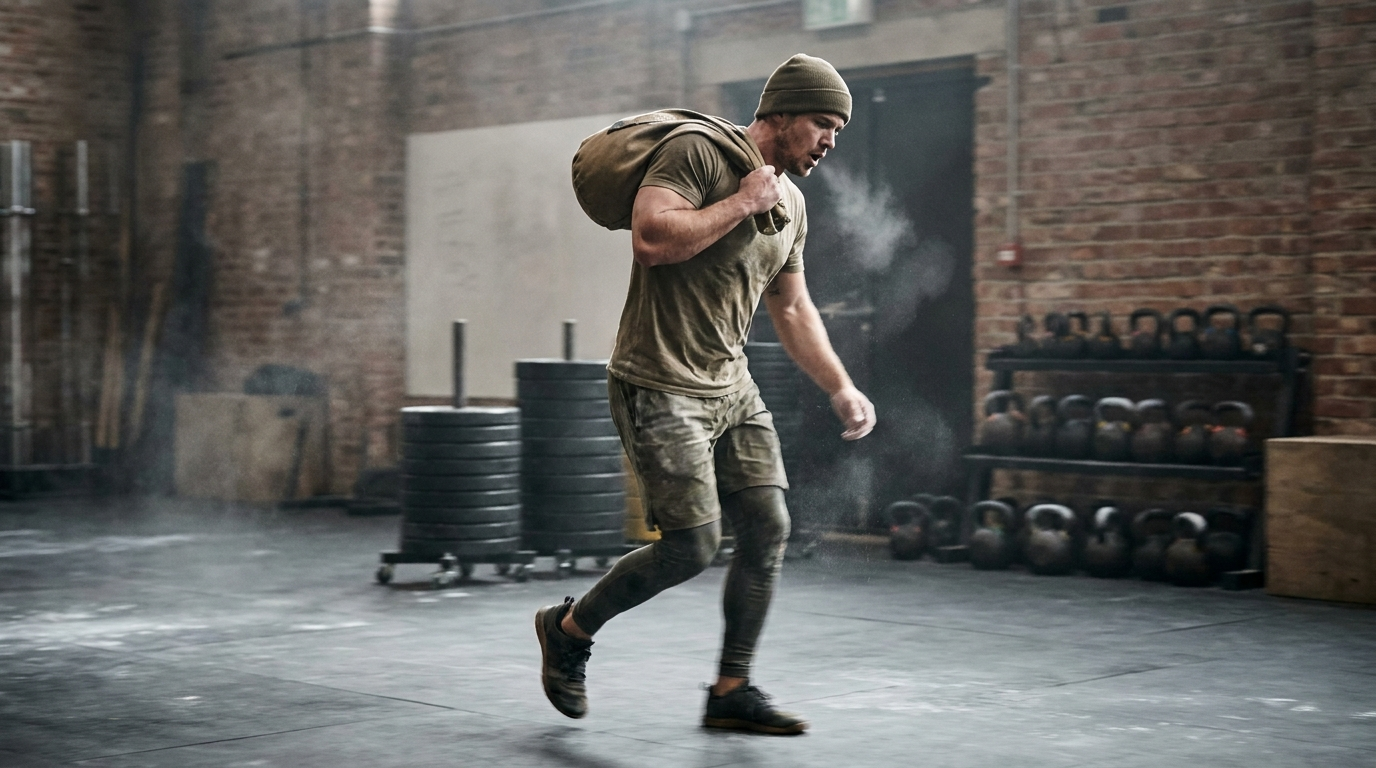 Athlete carrying a heavy training sandbag on one shoulder