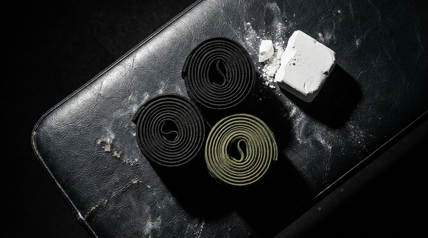 Black and olive green wrist wraps on a gym bench with chalk