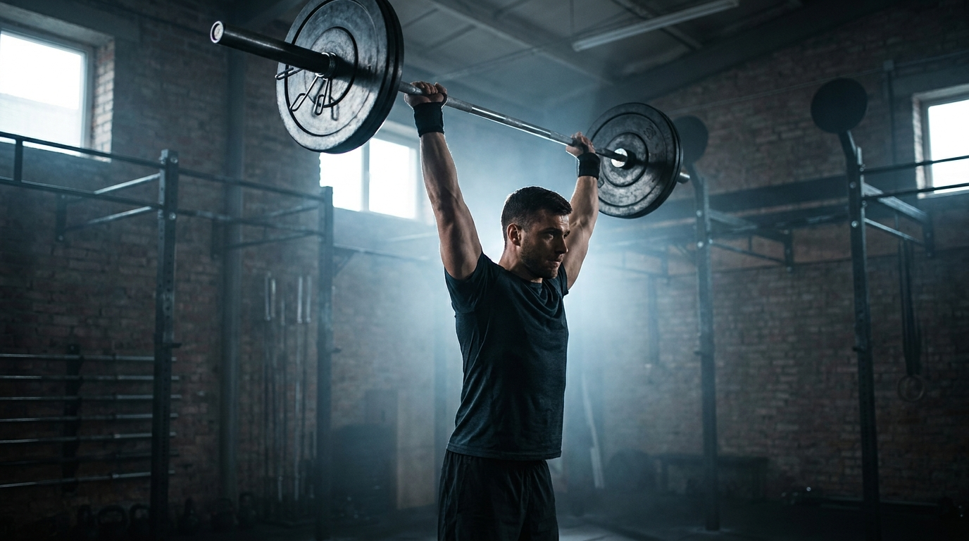 Athlete pressing a barbell overhead wearing black wrist wraps
