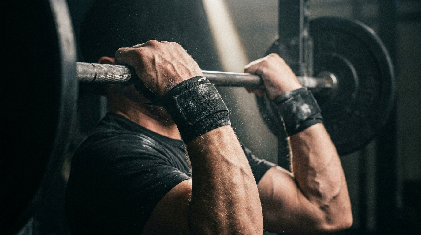 Wrists supported by wraps holding a barbell in the front rack position