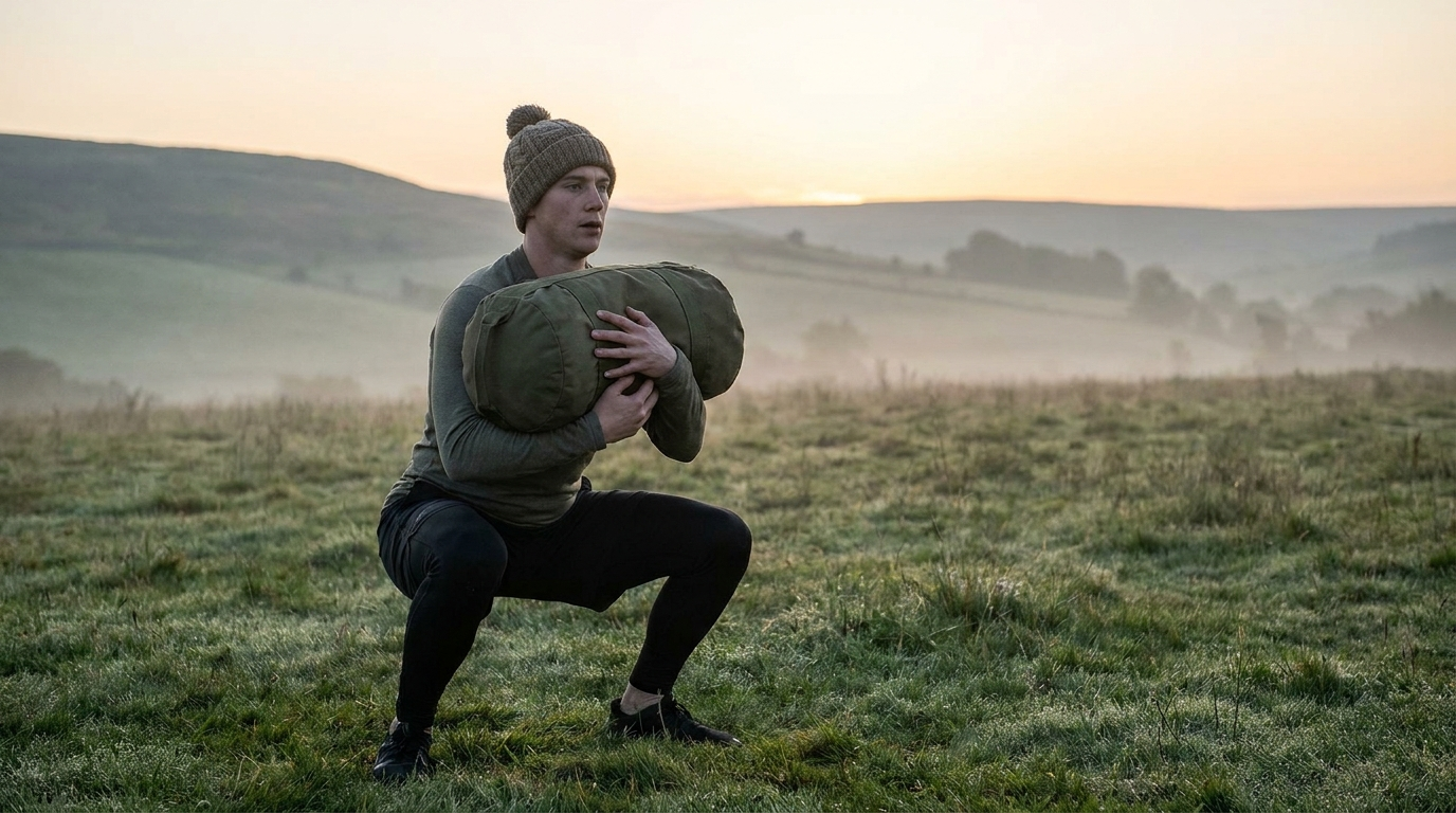 Athlete performing a bear hug squat with an olive green training sandbag outdoors