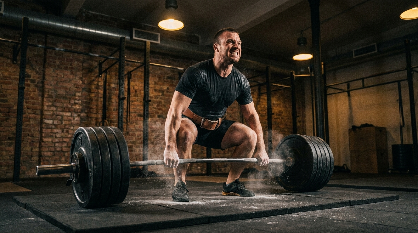 Athlete performing a heavy barbell squat wearing a lifting belt