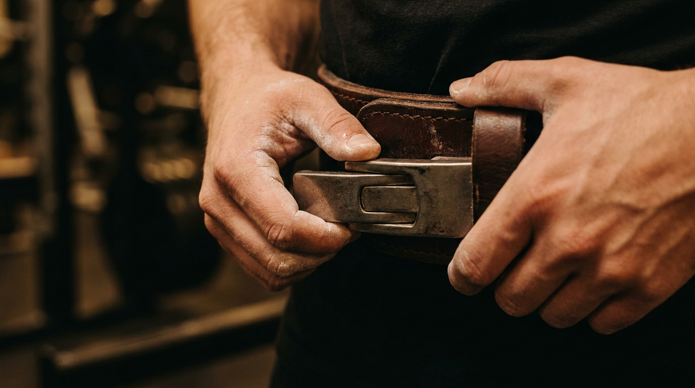Hands fastening a lever buckle on a leather powerlifting belt