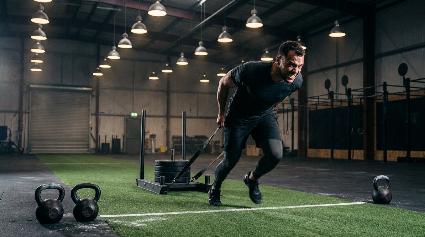 Athlete dragging a weighted sled during Sprint-Drag-Carry training