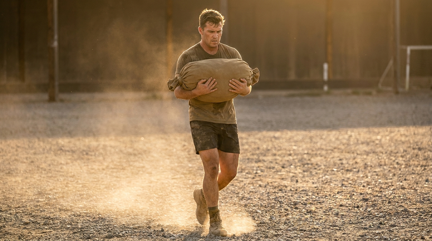 Athlete carrying a sandbag in the zercher position across a training yard