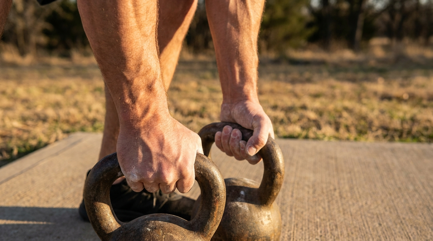 Close-up of chalked hands gripping heavy kettlebell handles for a loaded carry