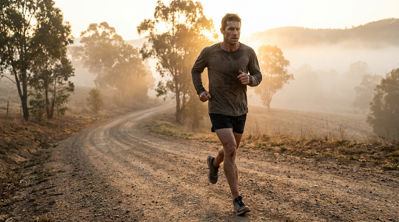 Lean athlete running on a dirt road at dawn