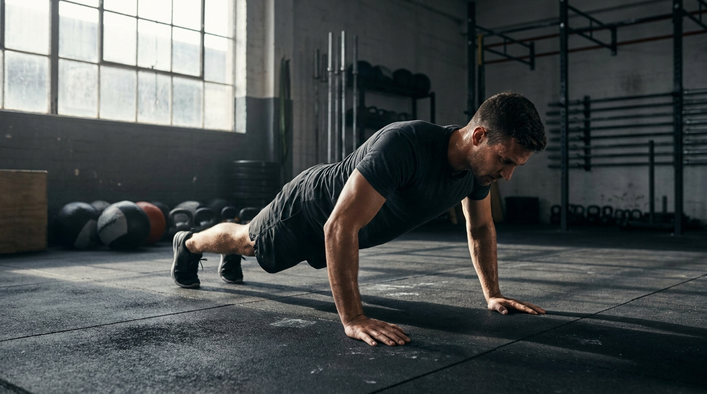 Athlete performing strict push-ups in a gym while preparing for the FBI PFT