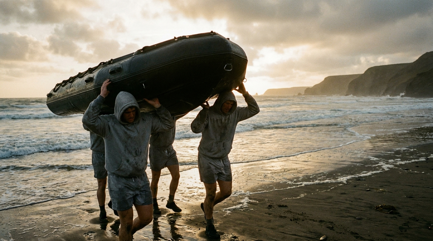 Two athletes carrying a heavy boat overhead on a beach during team training