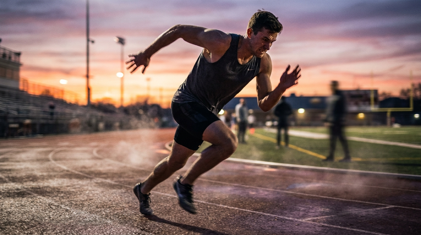 Runner sprinting on a track at dawn during fitness training