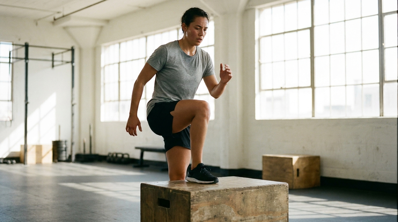 Athlete performing a step-up on a box during a step test