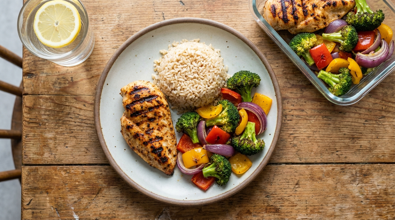 Balanced high-protein meal with chicken, rice, and vegetables for military body composition prep