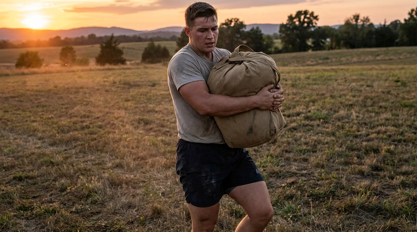 Athlete performing a bear hug sandbag carry across a field at sunset