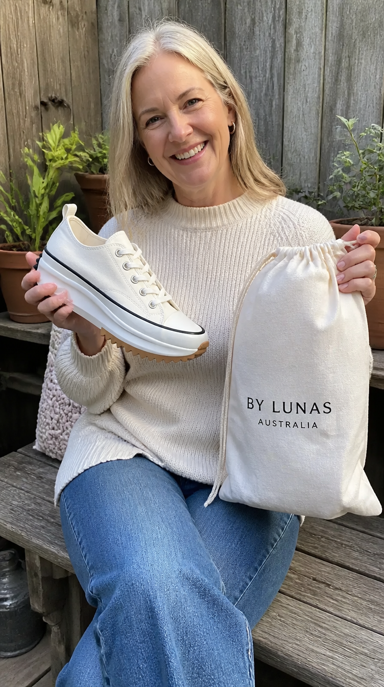 Woman holding LUNASTAR sneakers and By Lunas Australia bag