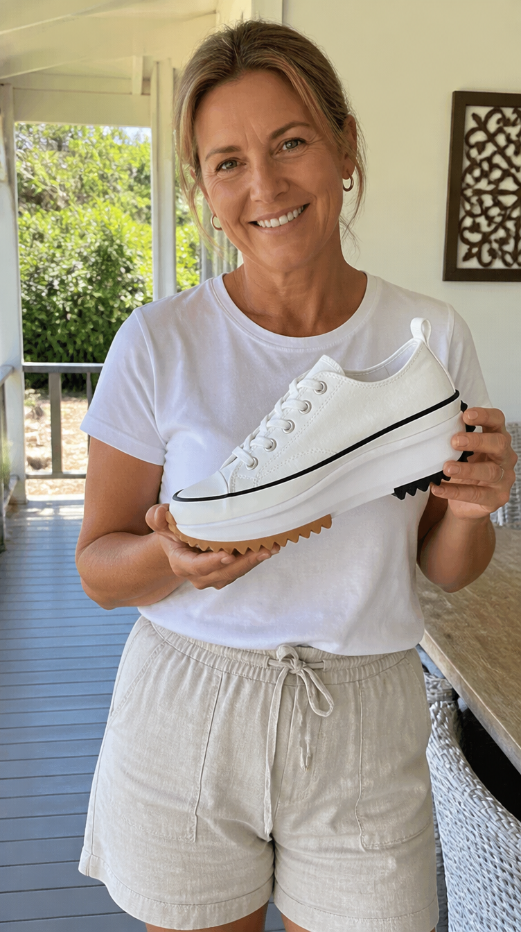 Woman holding up a LUNASTAR sneaker