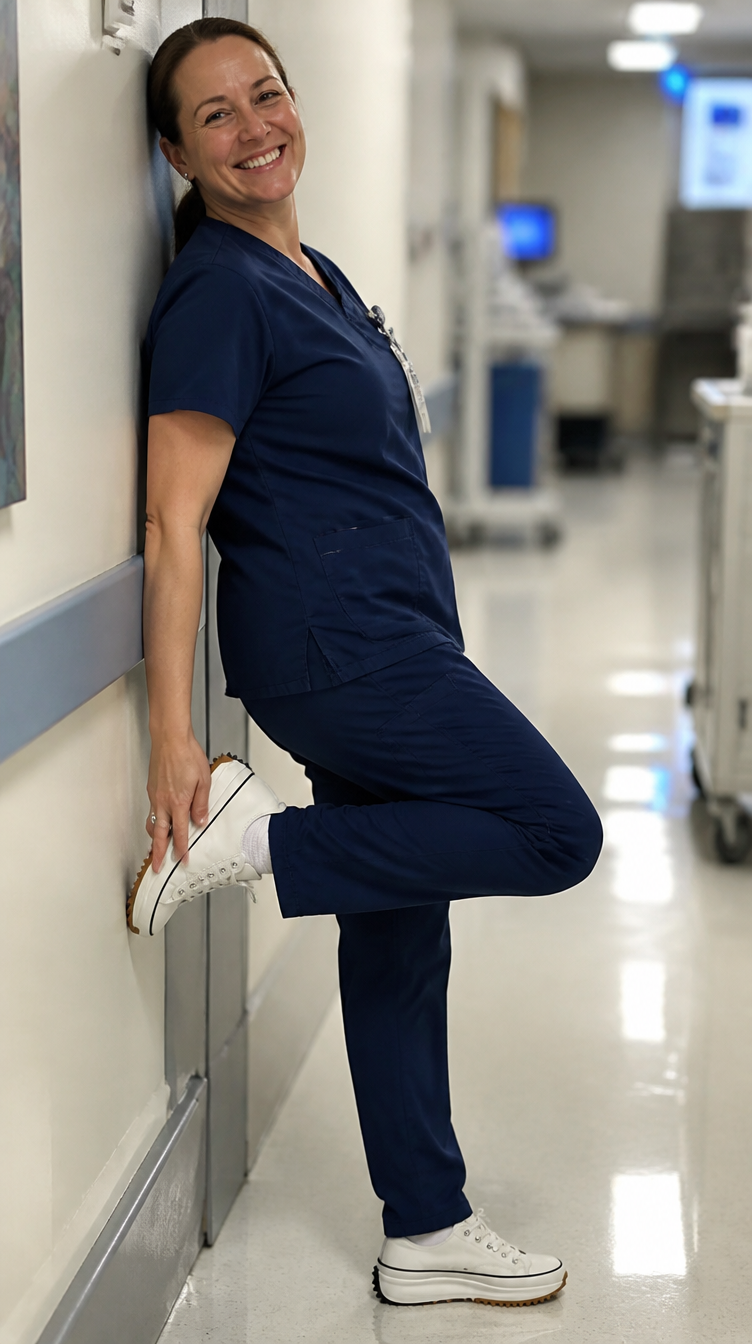 Nurse wearing LUNASTAR sneakers in hospital hallway