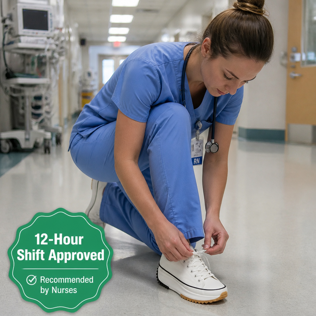 Nurse tying LUNASTAR sneaker laces in hospital hallway