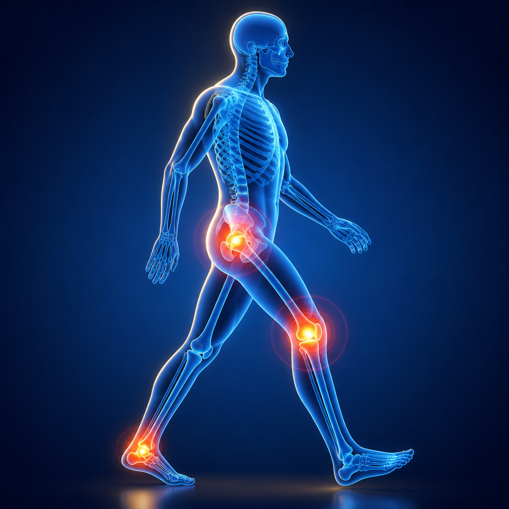 Joint pain illustration showing ankle knee hip