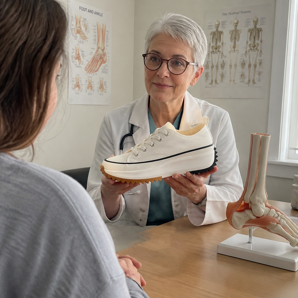 Doctor showing LUNASTAR sneaker to patient