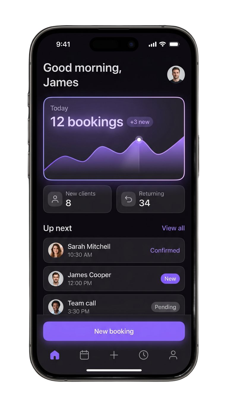 Business app concept on an iPhone-style phone: today's bookings, upcoming schedule and live stats