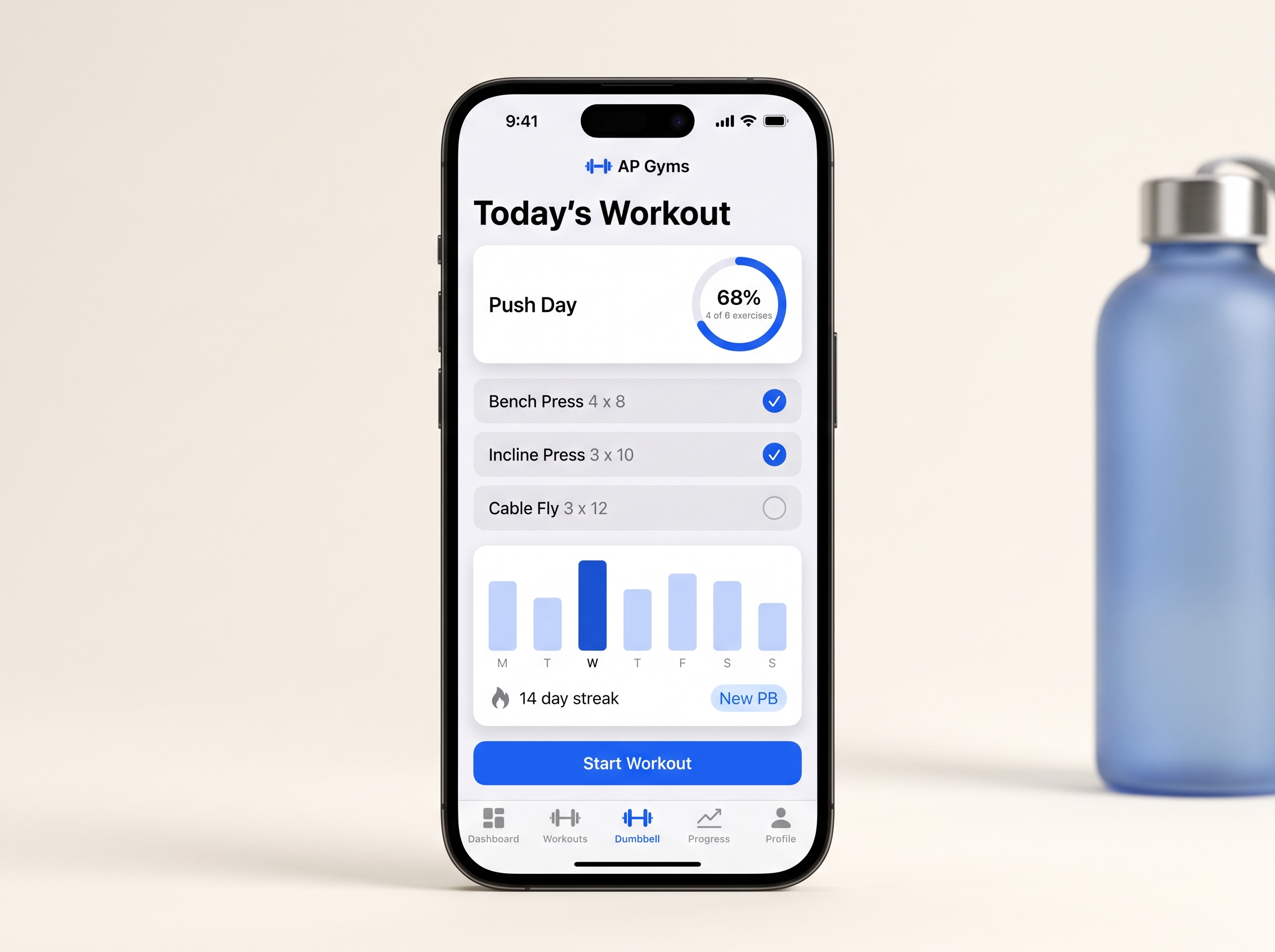 AP Gyms workout tracking app on a smartphone