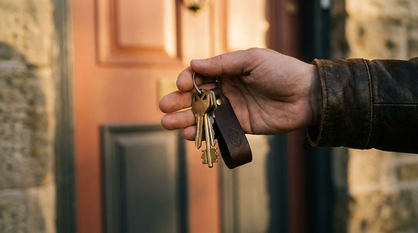 A hand holding a set of house keys at a front door