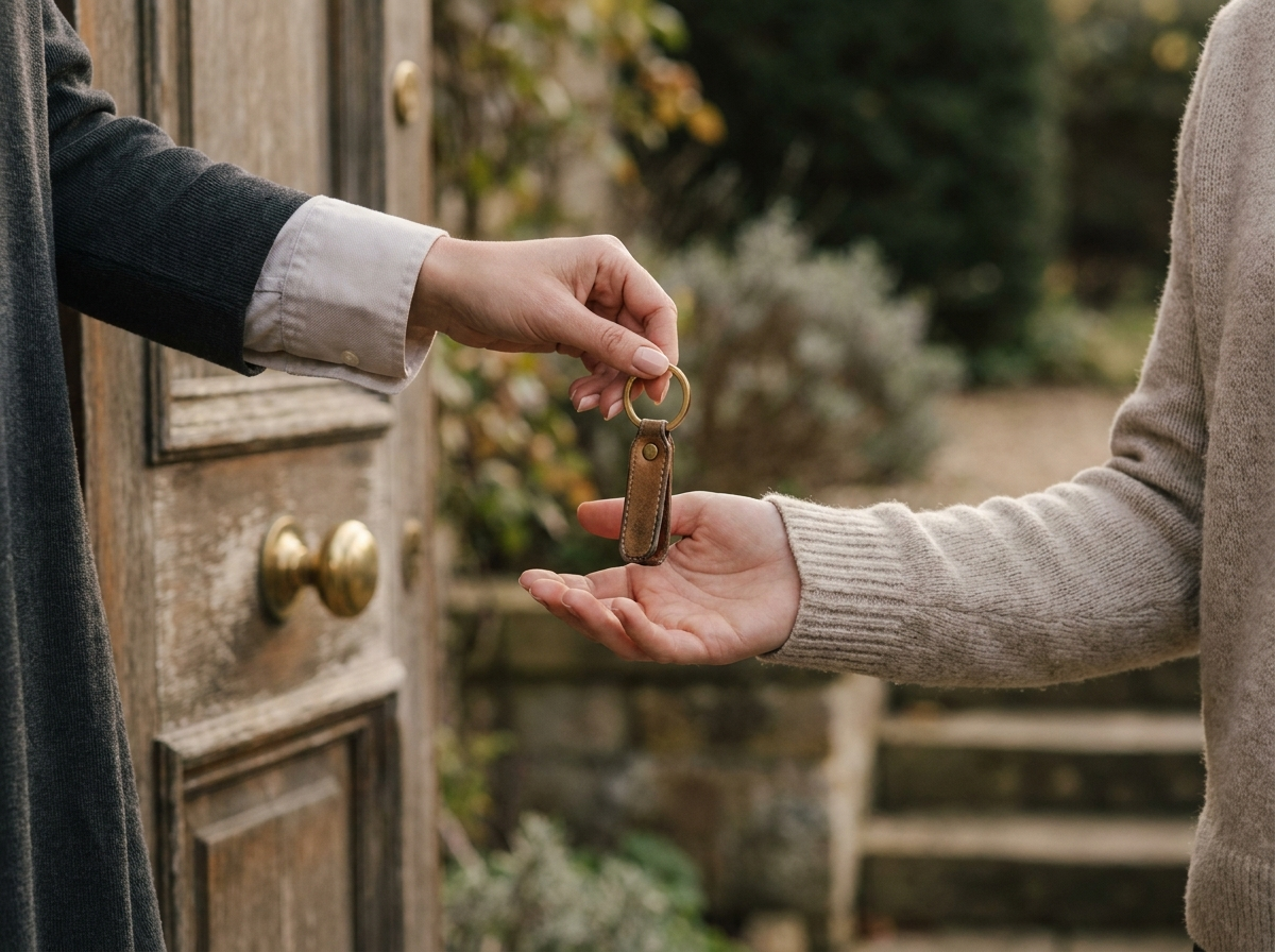 Handing over a set of house keys at a doorway
