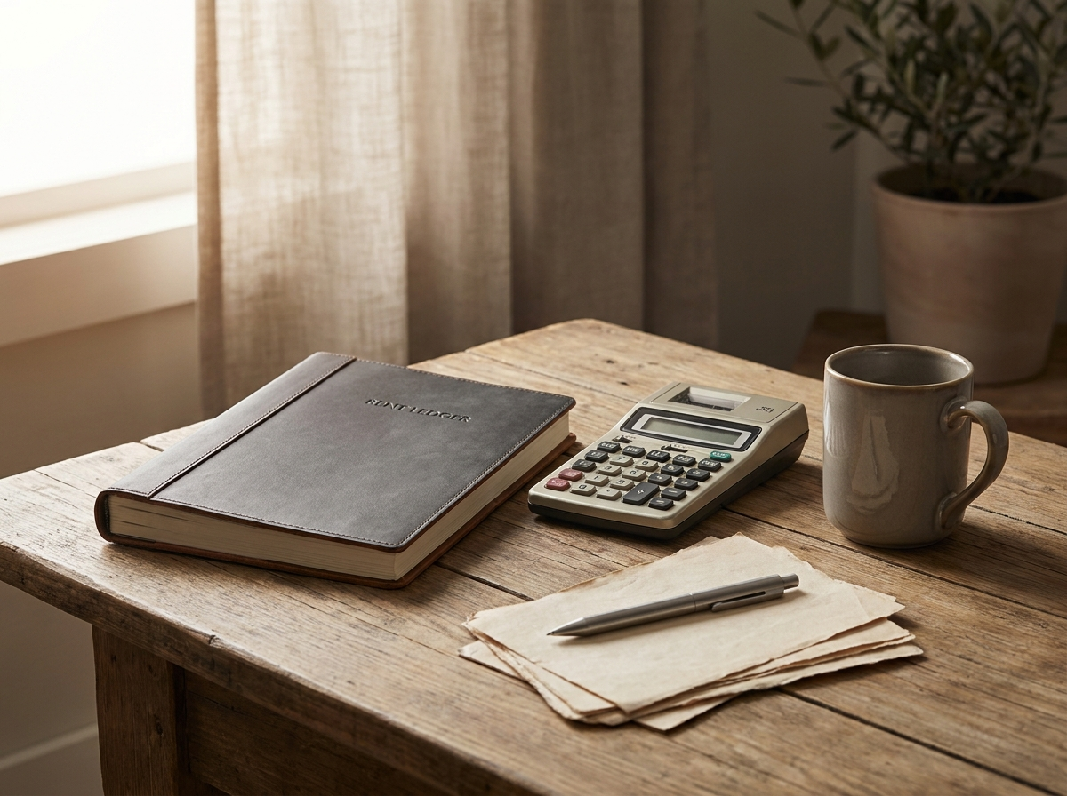 A rent ledger, calculator and paperwork on a desk