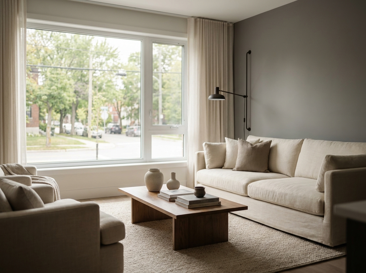 A tidy, bright rental apartment living room