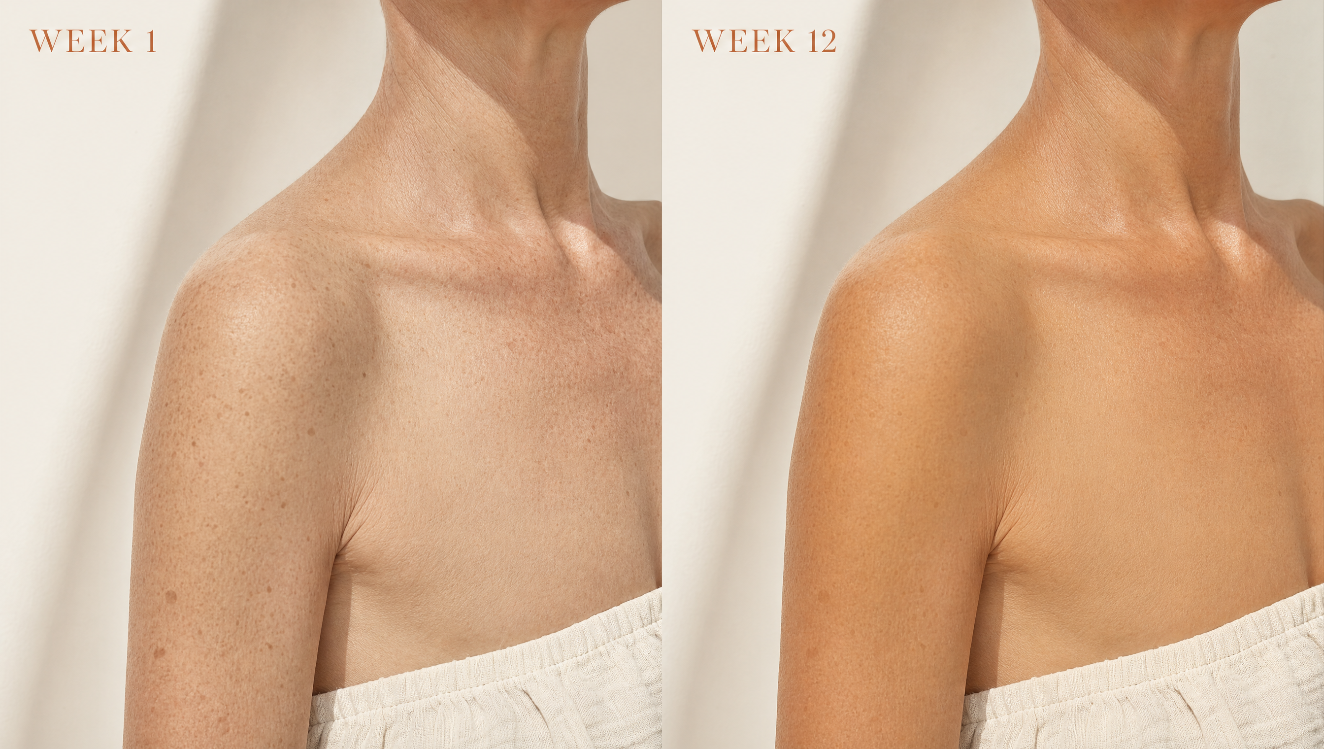 Bronzé tan progression — Week 1 vs Week 12