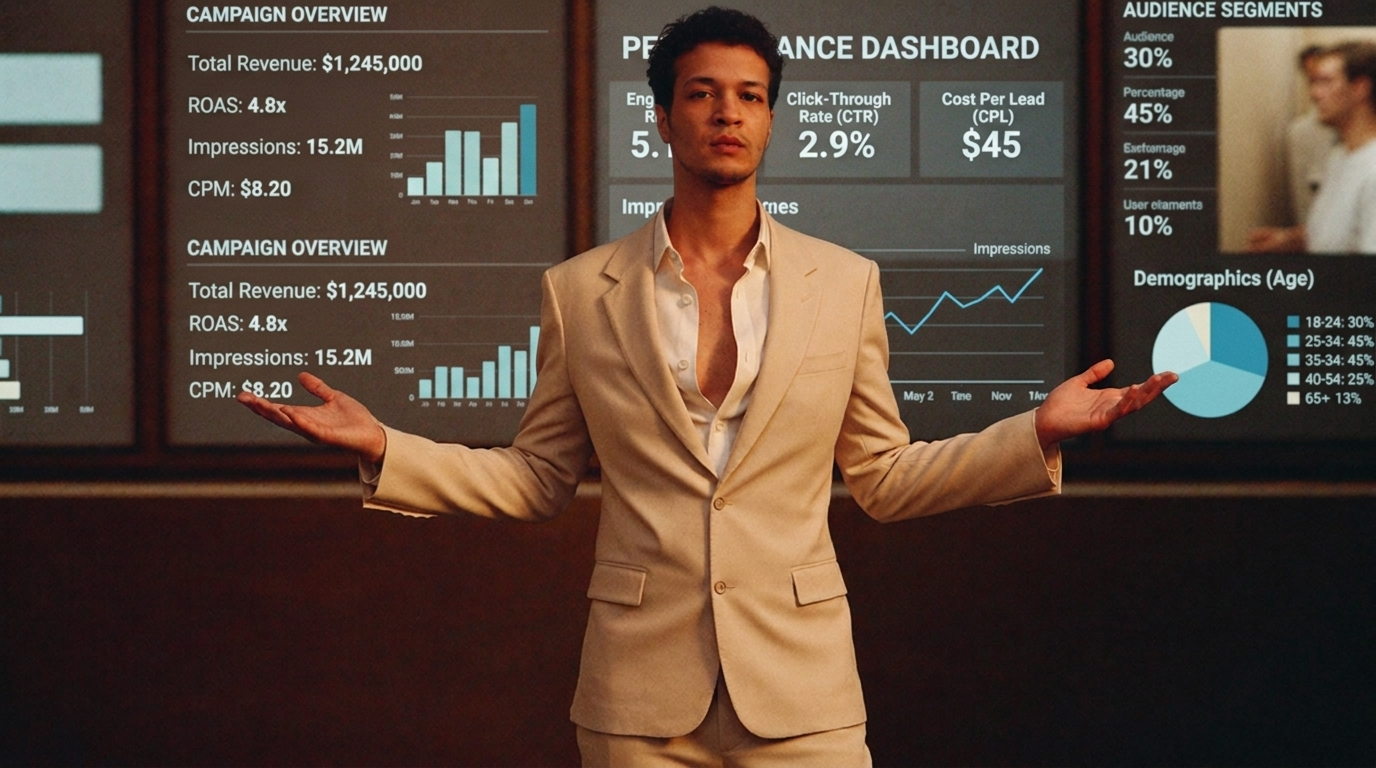 Jaquis Brantley, founder of Axis, arms crossed in front of marketing performance dashboards