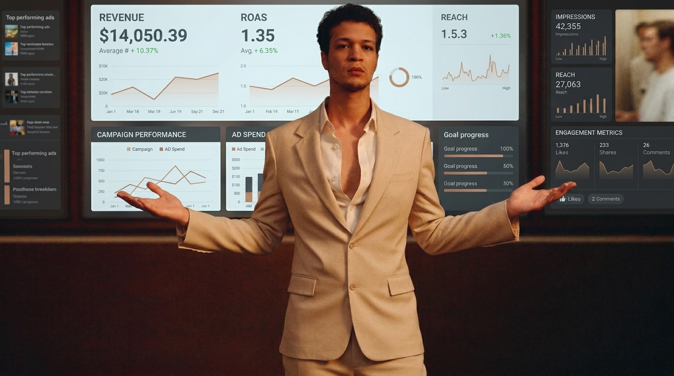 Jaquis Brantley, founder of Axis Marketing AI, standing in front of marketing dashboards showing revenue, ROAS and impressions