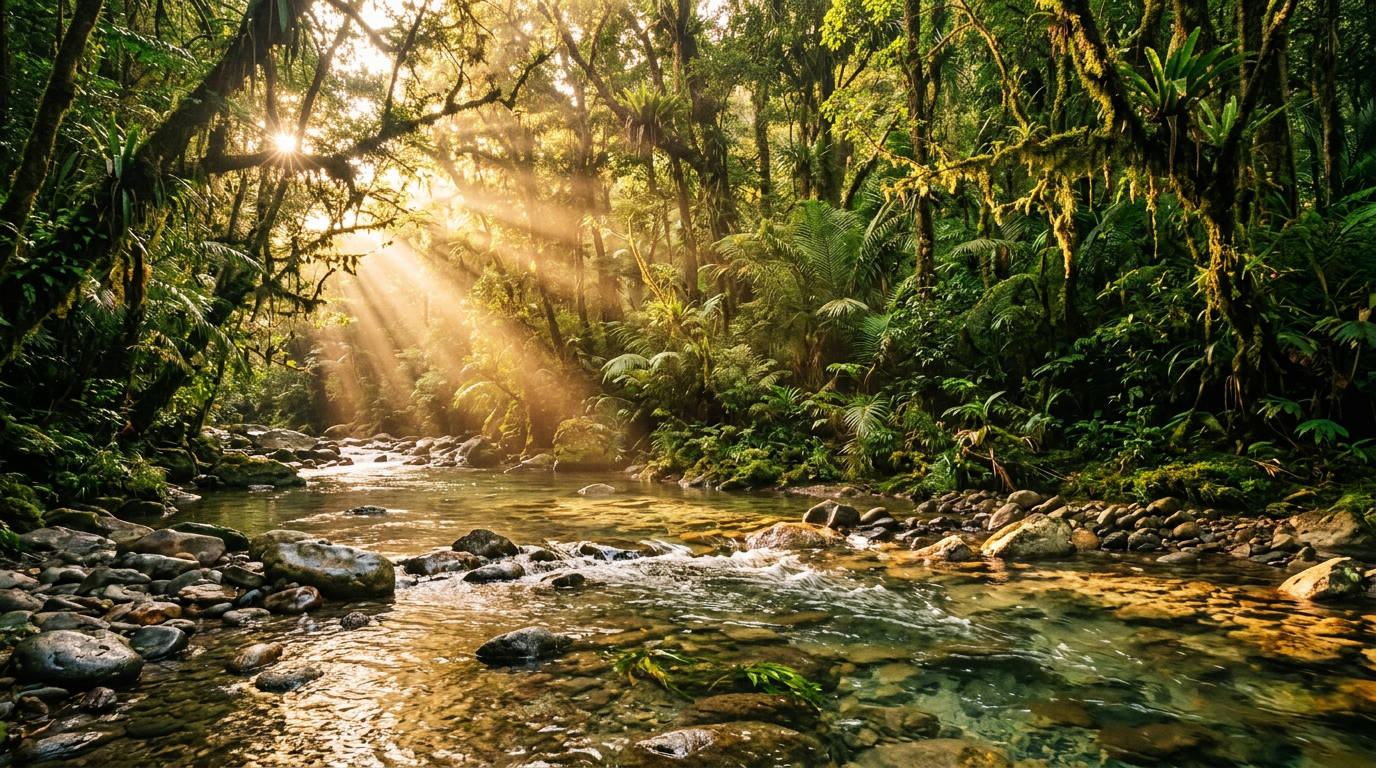 Protected rainforest canopy meeting a clear freshwater stream in warm light, representing Axis Marketing AI's commitment to defend nature through Rainforest Trust and charity: water