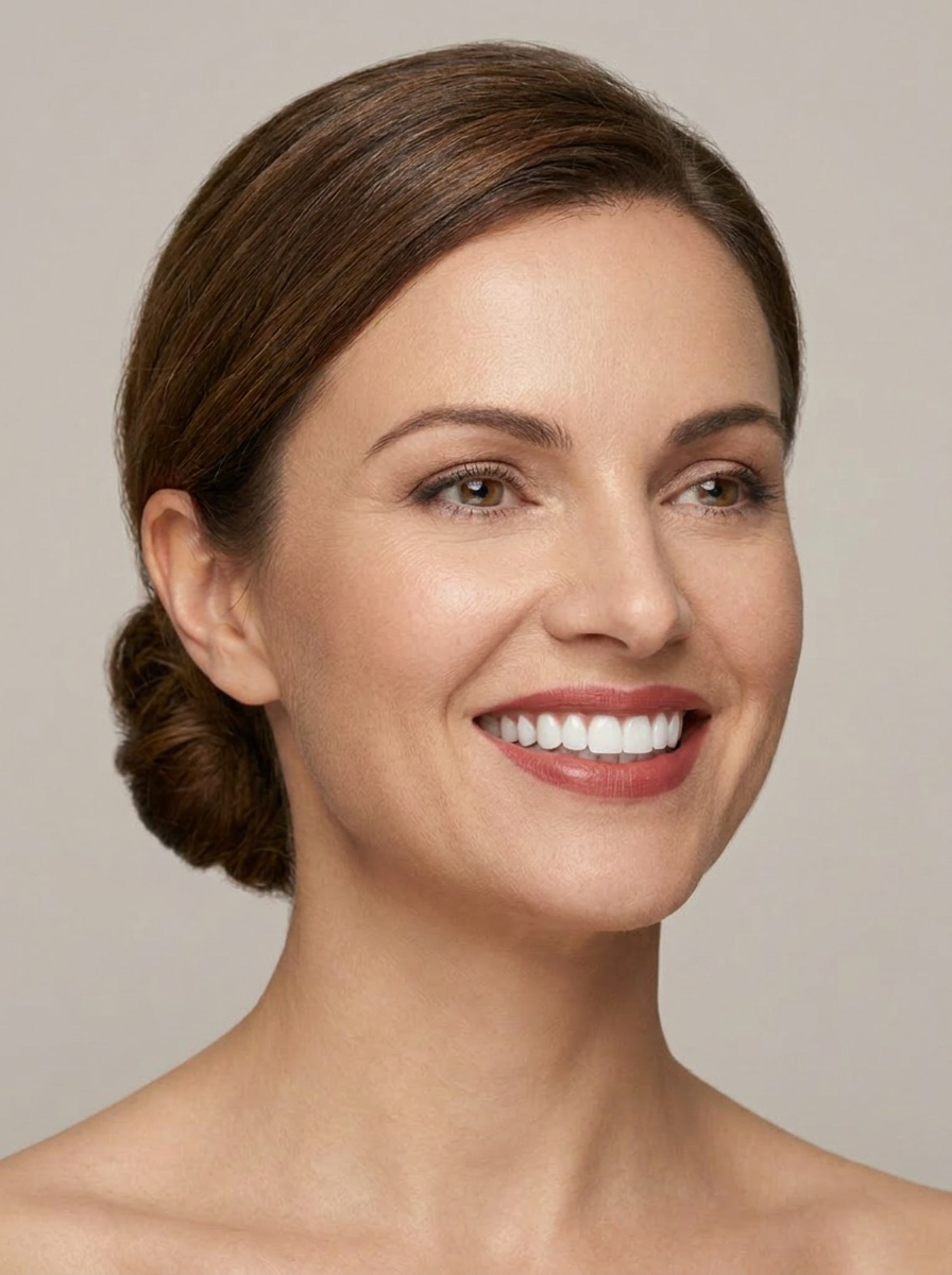 Sorriso com facetas, tres quartos