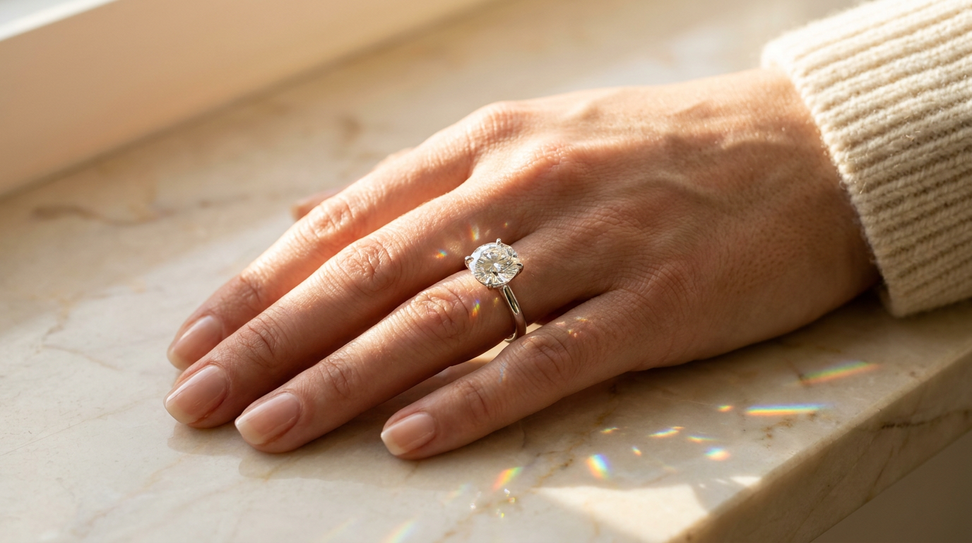Lab-grown diamond solitaire engagement ring on cream marble