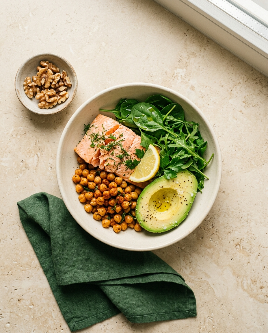 A five-minute assembled meal: chickpeas, salmon, avocado and greens