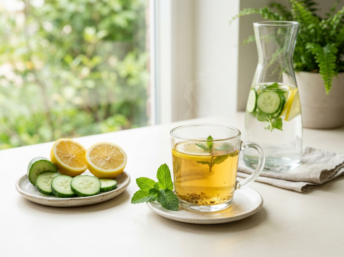 Morning herbal tea, lemon and cucumber