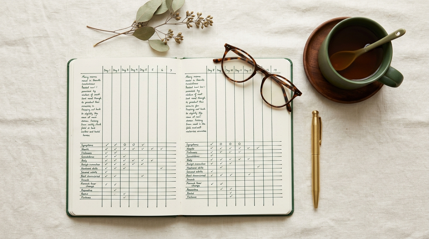 Symptomtagebuch, Tasse und Brille auf Leinen