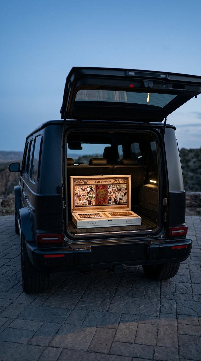 The Legends box resting in the open trunk of a blacked-out G-Wagon