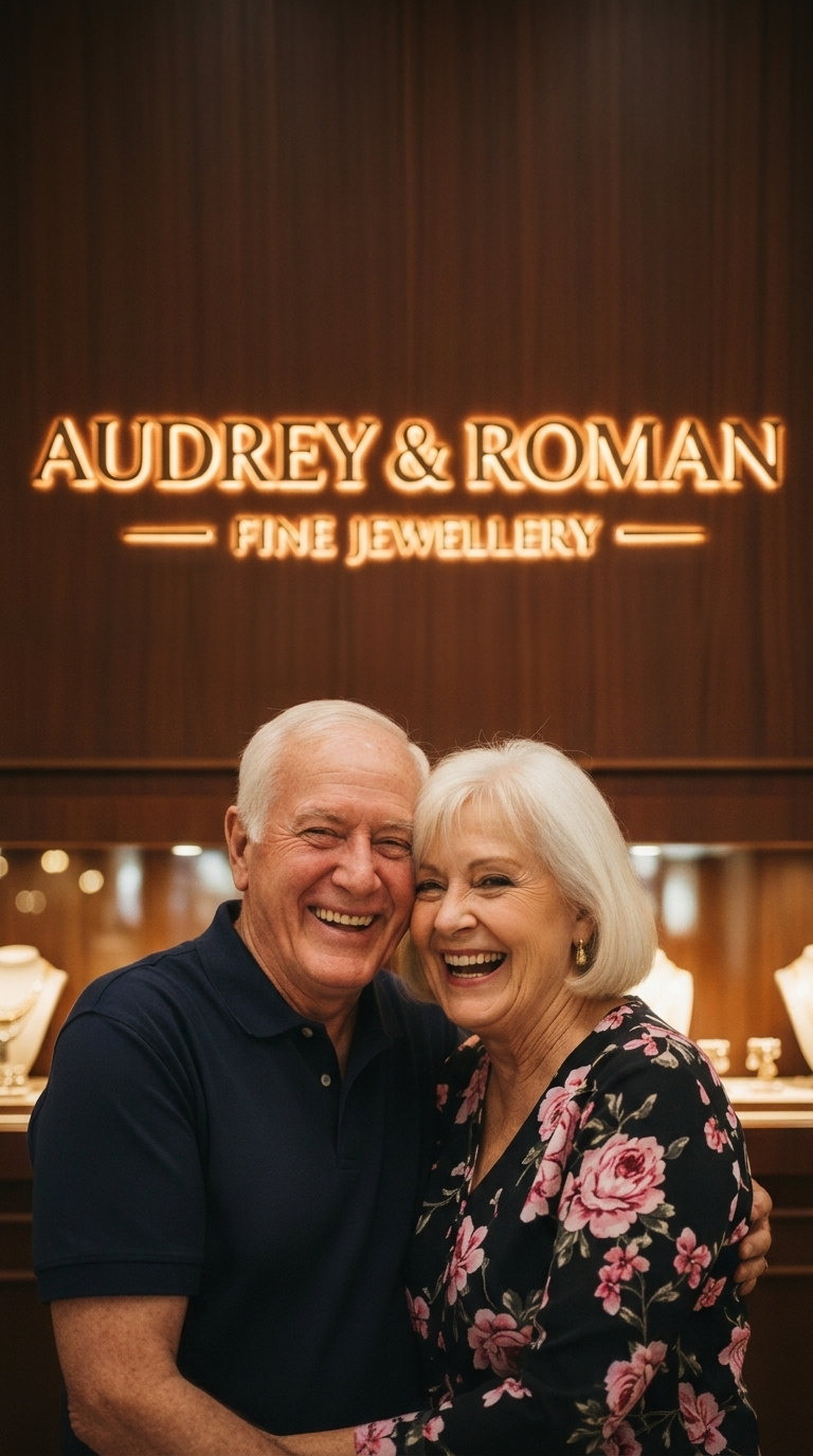 Audrey and Roman smiling together inside the shop