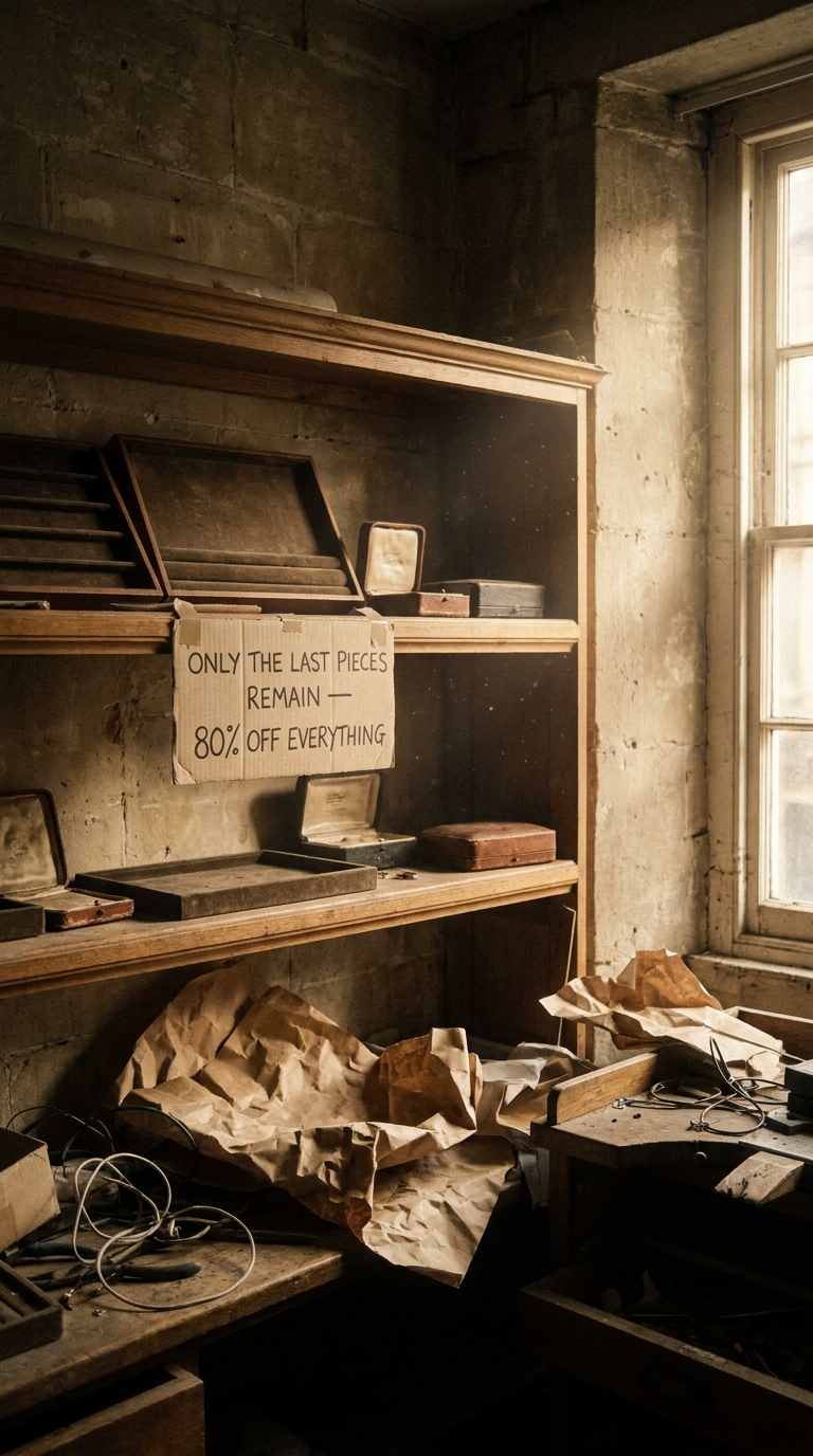 Empty shelves in the Bath workshop with the closing-sale sign