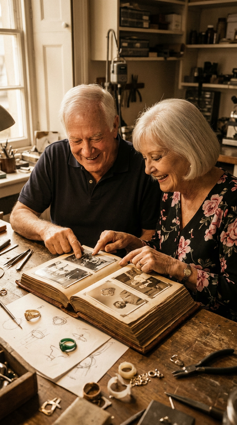 Audrey and Roman at the workshop bench looking at a photo album together