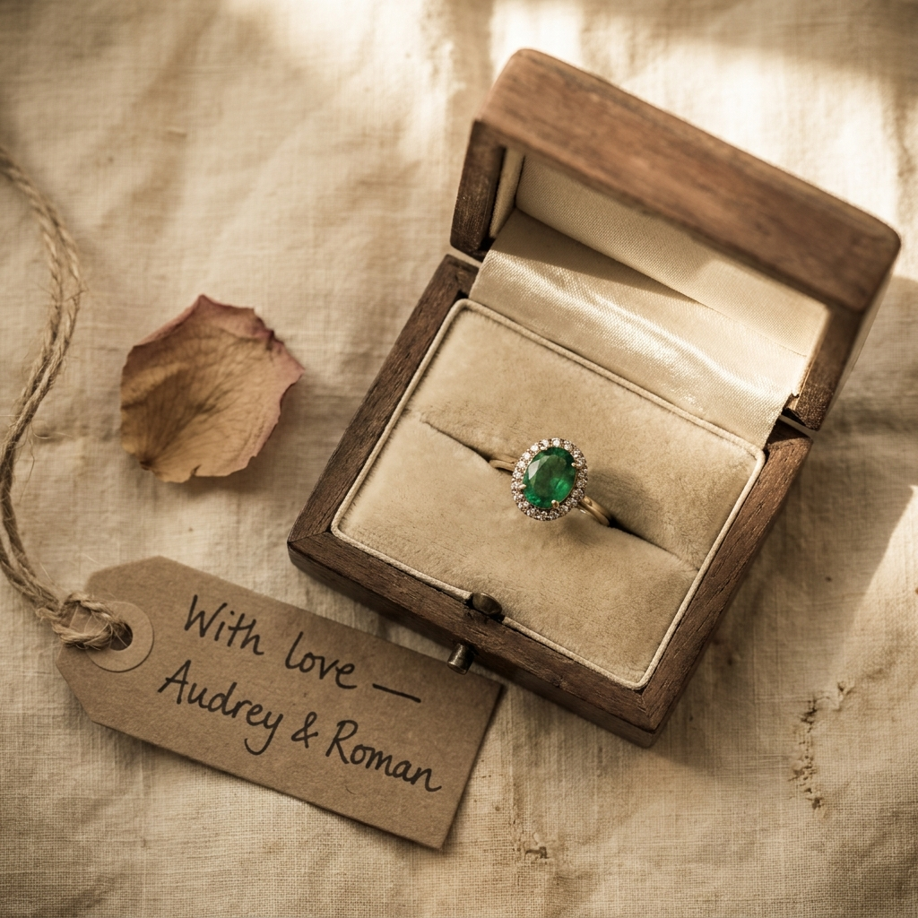 Emerald ring in box with a handwritten With love tag