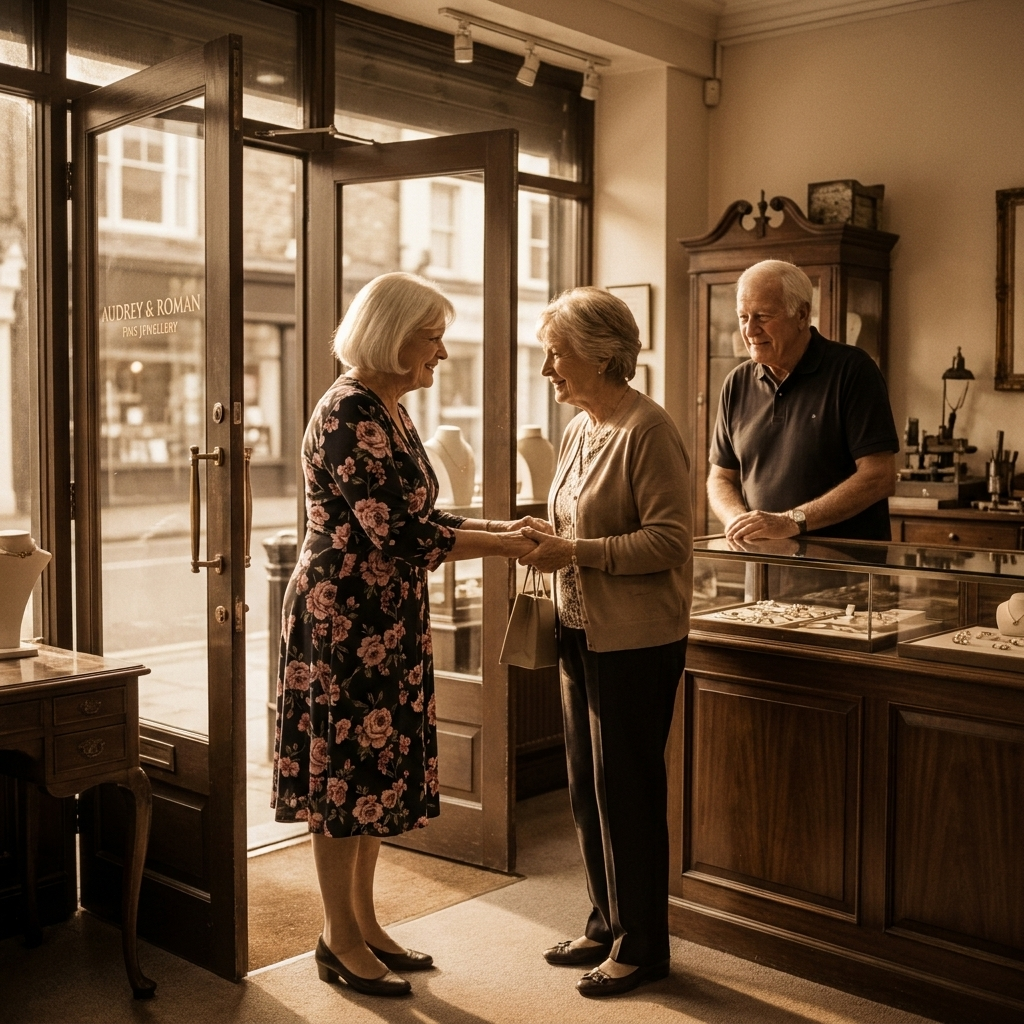 A customer at the Bath counter being welcomed by Audrey