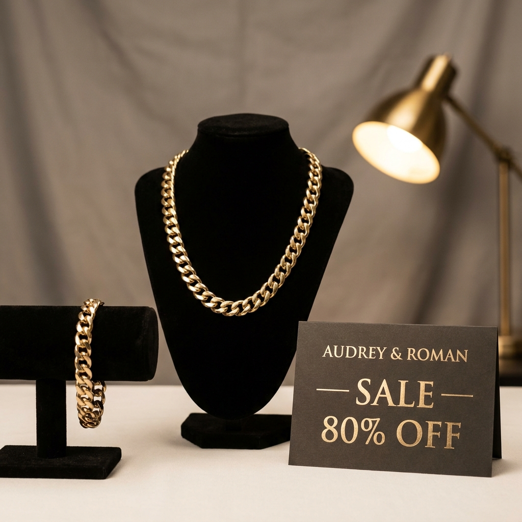 Gold pieces on display with a hand-written SALE 80% OFF card