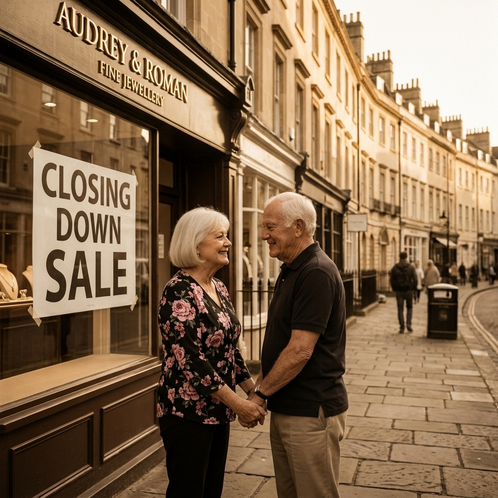 Audrey and Roman outside their Bath shopfront with the closing down sale sign